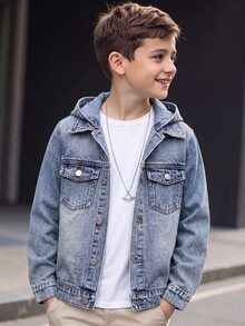 Kids Tween Boy Fashion Retro Blue Denim Hooded Long-Sleeved Jacket Halloween And Black To School - Blue - View 4