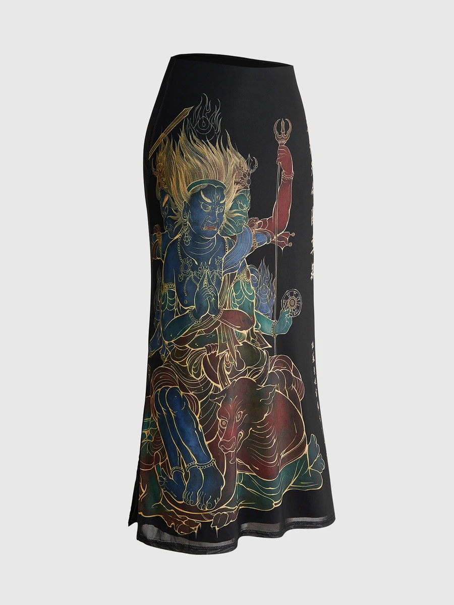 ROMWE Avant New Chinese Style Deity Flame Crown Dharma Wheel Scripture Text Print Mural Print Plus Size Women's Skirt - Black - View 1