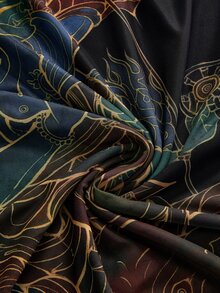 ROMWE Avant New Chinese Style Deity Flame Crown Dharma Wheel Scripture Text Print Mural Print Plus Size Women's Skirt - Black - View 3