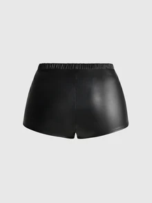 ROMWE Grunge Punk Punk Hot Girl Plus Size Women Flame Pattern Leather Shorts Party Streetwear Lace-Up Shorts - Black - View 2