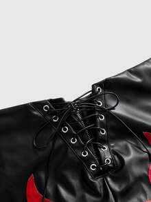 ROMWE Grunge Punk Punk Hot Girl Plus Size Women Flame Pattern Leather Shorts Party Streetwear Lace-Up Shorts - Black - View 3