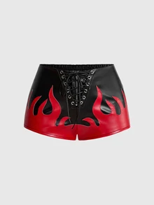 ROMWE Grunge Punk Punk Hot Girl Plus Size Women Flame Pattern Leather Shorts Party Streetwear Lace-Up Shorts - Black - View 1