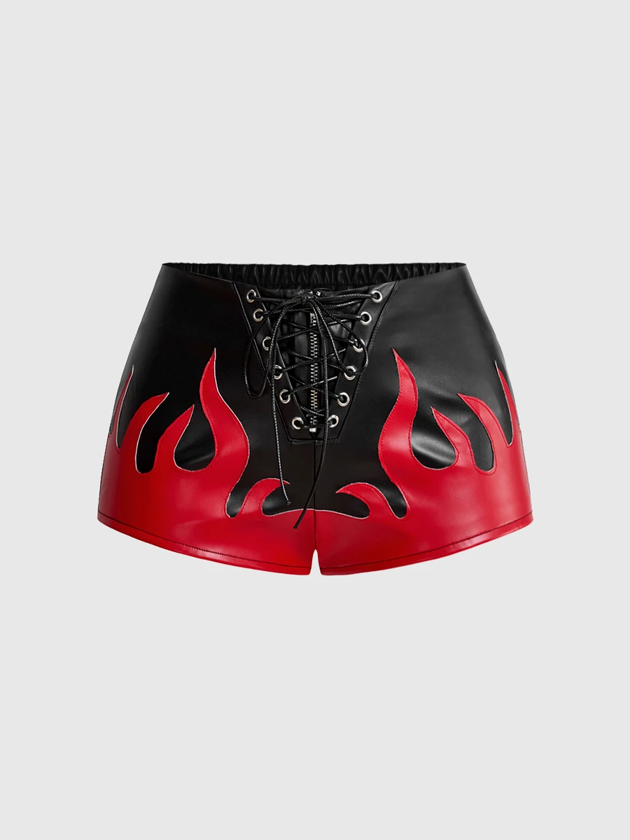 ROMWE Grunge Punk Punk Hot Girl Plus Size Women Flame Pattern Leather Shorts Party Streetwear Lace-Up Shorts - Black - View 1