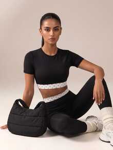SHEIN BAE Women Black Polka Dot Top High Waist Leggings Set Gym Workout Training Running Yoga Athletic Modest Matching Co-Ord Workout Gym Autumn - Black - View 7