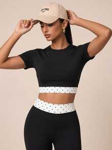 SHEIN BAE Women Black Polka Dot Top High Waist Leggings Set Gym Workout Training Running Yoga Athletic Modest Matching Co-Ord Workout Gym Autumn - Black - View 5
