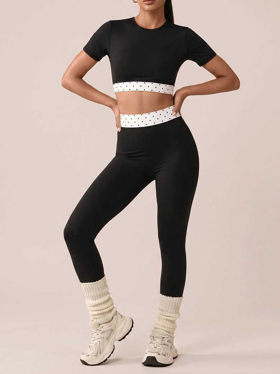 SHEIN BAE Women Black Polka Dot Top High Waist Leggings Set Gym Workout Training Running Yoga Athletic Modest Matching Co-Ord Workout Gym Autumn - Black - View 1