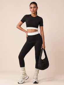 SHEIN BAE Women Black Polka Dot Top High Waist Leggings Set Gym Workout Training Running Yoga Athletic Modest Matching Co-Ord Workout Gym Autumn - Black - View 6