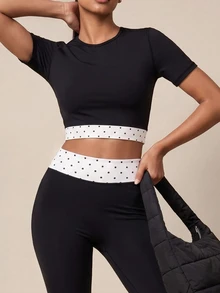 SHEIN BAE Women Black Polka Dot Top High Waist Leggings Set Gym Workout Training Running Yoga Athletic Modest Matching Co-Ord Workout Gym Autumn - Black - View 3