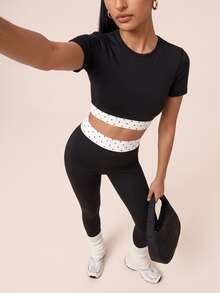 SHEIN BAE Women Black Polka Dot Top High Waist Leggings Set Gym Workout Training Running Yoga Athletic Modest Matching Co-Ord Workout Gym Autumn - Black - View 2