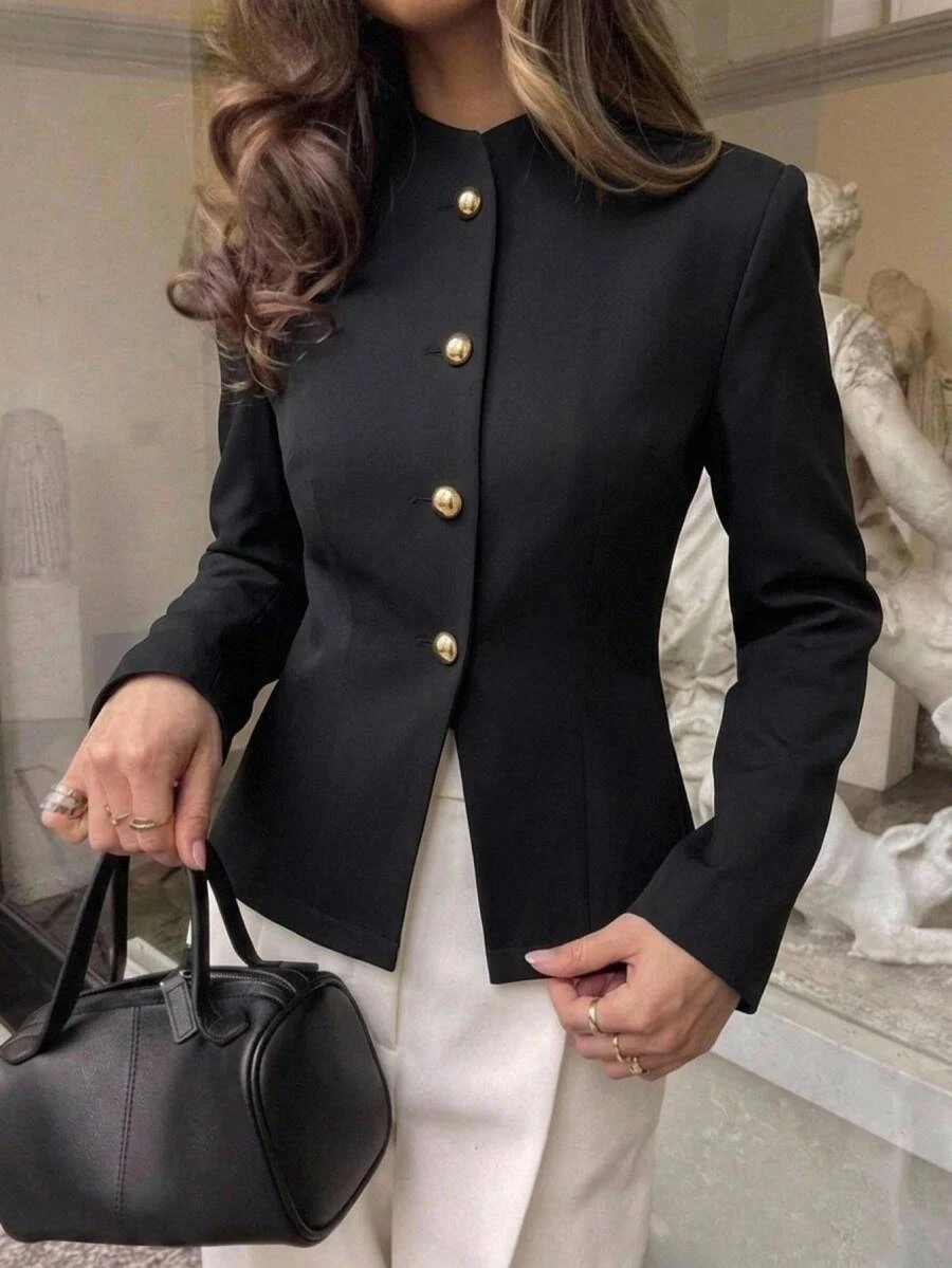Aloruh Women's Elegant High Neck Metal Button Decor Cinched Waist Black Blazer - Black - View 1