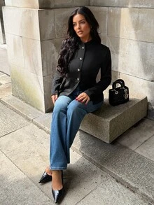Aloruh Women's Elegant High Neck Metal Button Decor Cinched Waist Black Blazer - Black - View 7