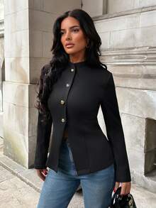 Aloruh Women's Elegant High Neck Metal Button Decor Cinched Waist Black Blazer - Black - View 4