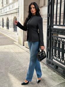 Aloruh Women's Elegant High Neck Metal Button Decor Cinched Waist Black Blazer - Black - View 8