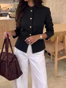 Aloruh Women's Elegant High Neck Metal Button Decor Cinched Waist Black Blazer - Black - View 2