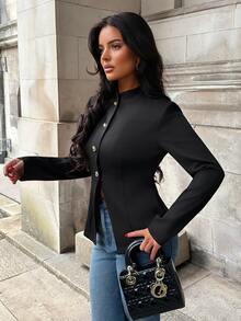 Aloruh Women's Elegant High Neck Metal Button Decor Cinched Waist Black Blazer - Black - View 5