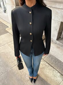 Aloruh Women's Elegant High Neck Metal Button Decor Cinched Waist Black Blazer - Black - View 3