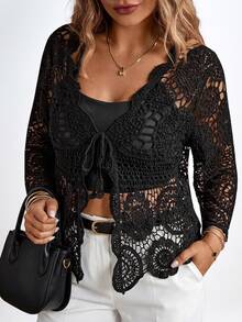 Chikora Plus Size Casual Solid Color Openwork Knit Cardigan Winter Fall Autumn - Black - View 5