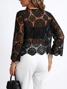 Chikora Plus Size Casual Solid Color Openwork Knit Cardigan Winter Fall Autumn - Black - View 2