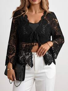 Chikora Plus Size Casual Solid Color Openwork Knit Cardigan Winter Fall Autumn - Black - View 3