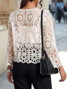 Chikora Plus Size Hollow Out Knitted Cardigan, Suitable For Vacation Fall - White - View 3