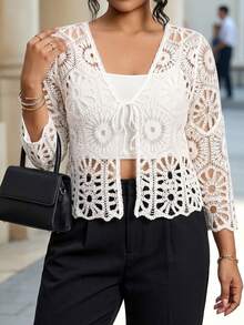 Chikora Plus Size Hollow Out Knitted Cardigan, Suitable For Vacation Fall - White - View 2