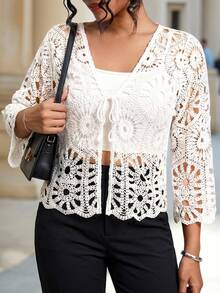 Chikora Plus Size Hollow Out Knitted Cardigan, Suitable For Vacation Fall - White - View 6