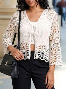 Chikora Plus Size Hollow Out Knitted Cardigan, Suitable For Vacation Fall - White - View 4