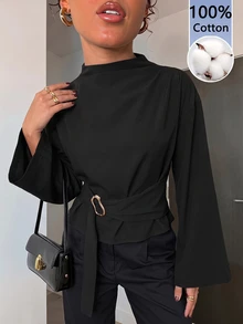 Aloruh Women's Fashion Metal Decor Long Sleeve Vintage Blouse For Commuting - Black - View 3