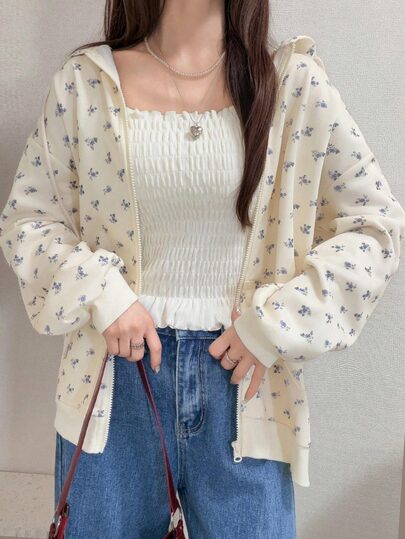 FRIFUL Women's Ditsy Ditsy Floral Hooded Sweatshirt School Teacher Blue Floral White Autumn Cute Casual Date Everyday