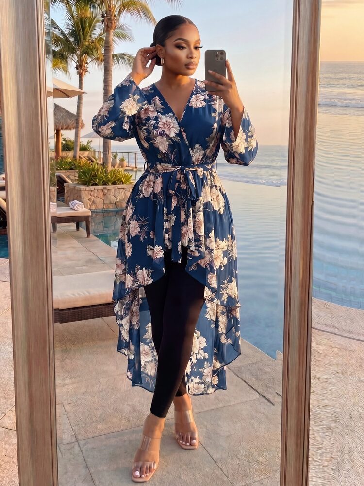 SHEIN Lady CURVE Plus Size Casual Traditional Asymmetric Hem Allover Print Shirt, Autumn Women Clothes Outfit Two Pieces Sets Vacation Formal Wedding Guest Baby Blue - Navy Blue - View 2