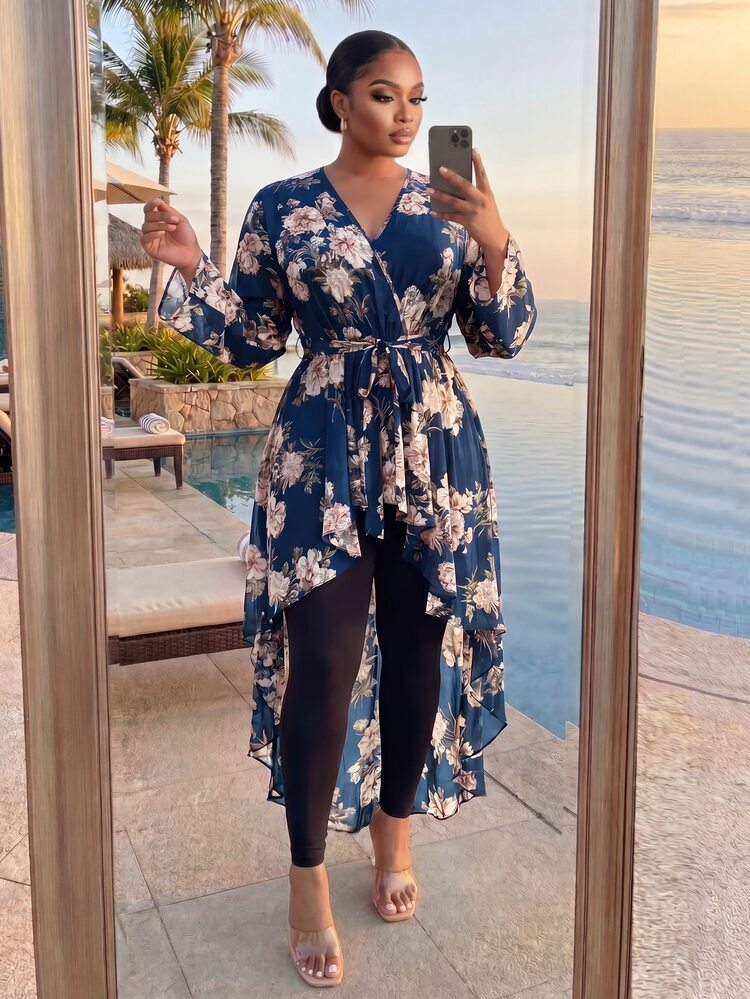SHEIN Lady CURVE Plus Size Casual Traditional Asymmetric Hem Allover Print Shirt, Autumn Women Clothes Outfit Two Pieces Sets Vacation Formal Wedding Guest Baby Blue - Navy Blue - View 5