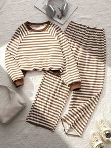 SHEIN 青少年女孩 2件組橫條紋衛衣與寬腿褲套裝,圓領落肩袖套頭衫,棕色白色寬鬆長褲套裝,秋季穿搭 - 黑與白 - 查看 4