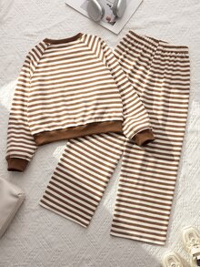 SHEIN 青少年女孩 2件組橫條紋衛衣與寬腿褲套裝,圓領落肩袖套頭衫,棕色白色寬鬆長褲套裝,秋季穿搭 - 黑與白 - 查看 3