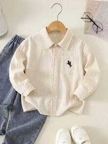 兒童小男孩休閒韓風百搭工裝口袋純色梭織襯衫，秋季開學小學服飾 - 卡其色 - 查看 2