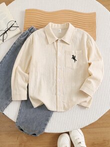 兒童小男孩休閒韓風百搭工裝口袋純色梭織襯衫，秋季開學小學服飾 - 卡其色 - 查看 5