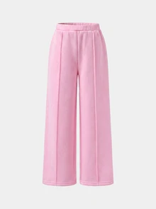 SHEIN 少女休閒日常時尚布料深灰色圓領短袖短版上衣與直筒長褲套裝 - 粉色 - 查看 3
