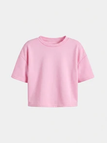 SHEIN 少女休閒日常時尚布料深灰色圓領短袖短版上衣與直筒長褲套裝 - 粉色 - 查看 4