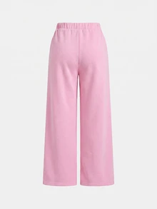 SHEIN 少女休閒日常時尚布料深灰色圓領短袖短版上衣與直筒長褲套裝 - 粉色 - 查看 5