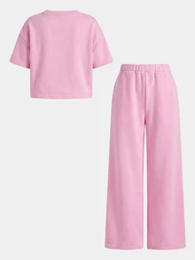 SHEIN 少女休閒日常時尚布料深灰色圓領短袖短版上衣與直筒長褲套裝 - 粉色 - 查看 2
