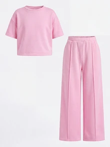 SHEIN 少女休閒日常時尚布料深灰色圓領短袖短版上衣與直筒長褲套裝 - 粉色 - 查看 7