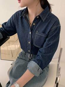 DAZY 淺洗藍色領口口袋寬鬆長袖牛仔襯衫 春夏秋季 - 藍色 - 查看 5