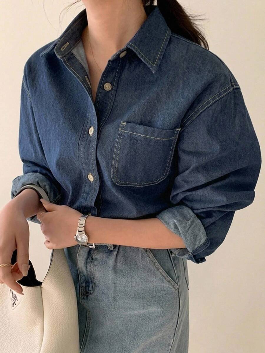 DAZY 淺洗藍色領口口袋寬鬆長袖牛仔襯衫 春夏秋季 - 藍色 - 查看 1