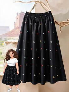 Rusticease Plus Size Fashion Printed Pleated Maxi Skirt For Vacation - Black - View 1