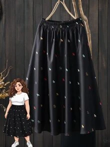 Rusticease Plus Size Fashion Printed Pleated Maxi Skirt For Vacation - Black - View 3