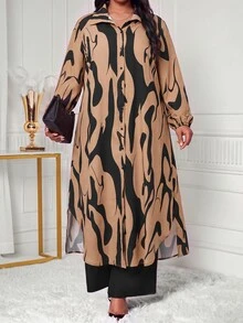 SHEIN Lady 大尺碼單排扣長袖襯衫與寬鬆長褲兩件套 辦公晚宴 米色黑色 秋季休閒優雅 - 彩色 - 查看 4