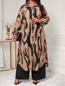 SHEIN Lady 大尺碼單排扣長袖襯衫與寬鬆長褲兩件套 辦公晚宴 米色黑色 秋季休閒優雅 - 彩色 - 查看 5