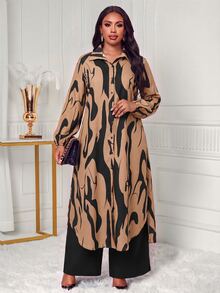 SHEIN Lady 大尺碼單排扣長袖襯衫與寬鬆長褲兩件套 辦公晚宴 米色黑色 秋季休閒優雅 - 彩色 - 查看 6