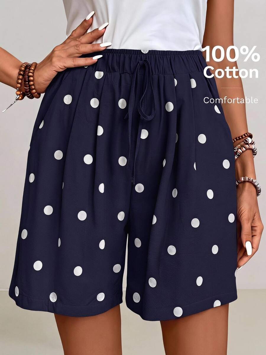 EMERY ROSE Women's Waist Tie Navy Blue Polka Dot Pattern Casual Shorts Everyday Vacation Holiday Vacation Summer - Blue and White - View 1