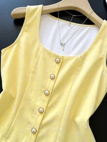 SHEIN PariChic 夏季可愛浪漫老錢風波點珍珠鈕扣裝飾女款洋裝 辦公室早午餐通勤穿搭 淡黃色 度假沙灘 - 黃色 - 查看 6