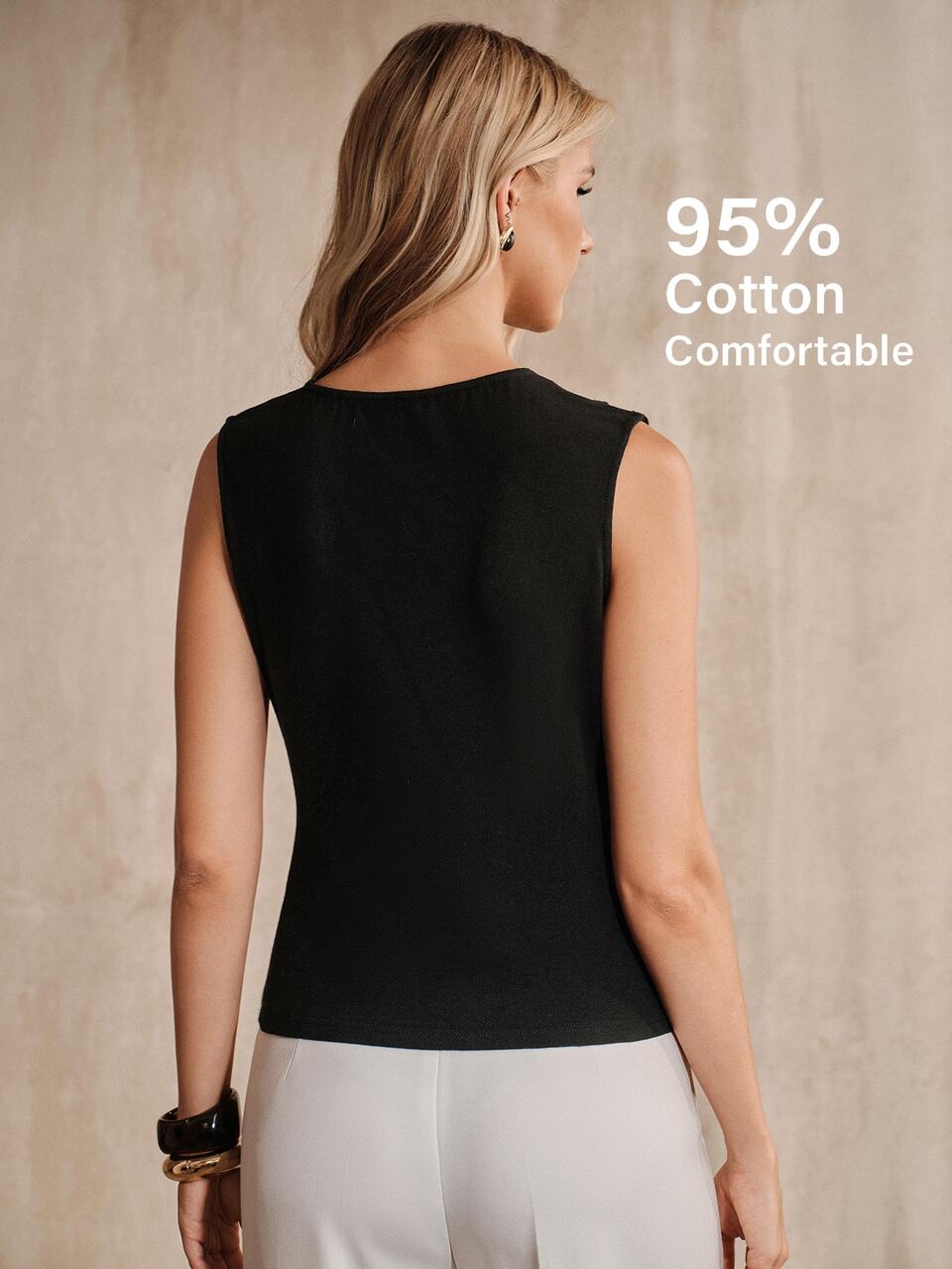 Anewsta Women's Elegant Black 95% Cotton Ruched Fitted Tank Top, Casual Versatile, Casual Office